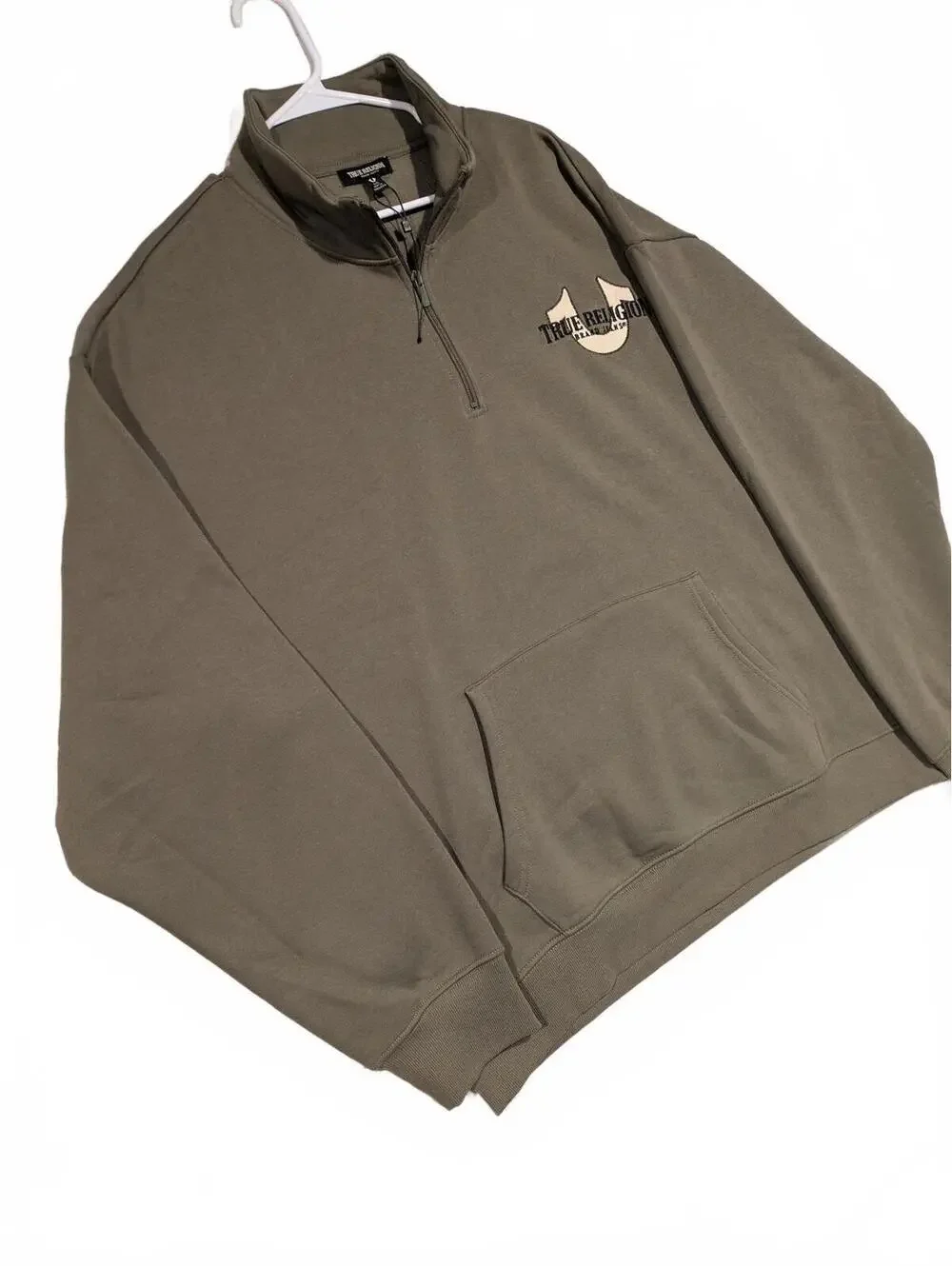 True Religion Quarter Zip Pullover Sweatshirt Olive Embroidered Logo Mens XL